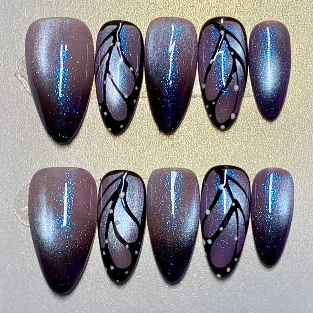 Iridescent Lavender Ombre Butterfly Cat Eye Almond Press On Nails Large